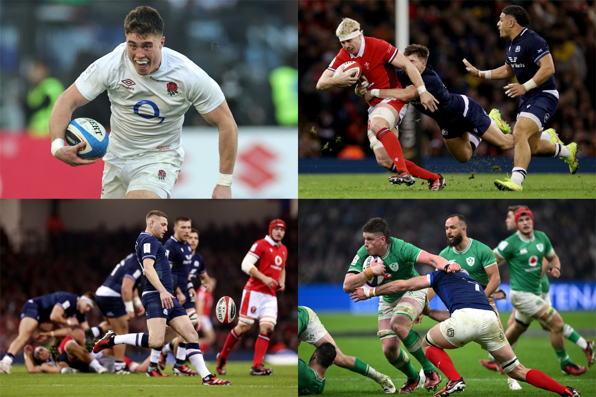 England’s Tommy Freeman (top left), Wales’ Aaron Wainwright (top right), Scotland’s Finn Russell (bottom left) and Ireland’s Joe McCarthy (bottom right) all impressed