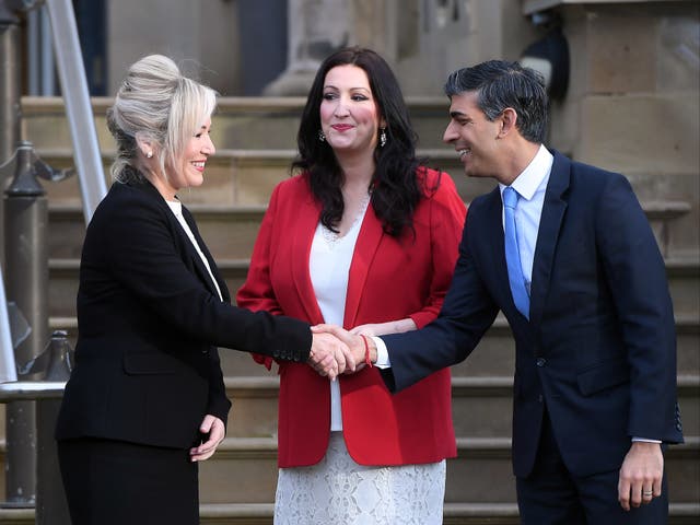 <p>Sinn Fein first minister Michelle O’Neill shakes hands with Rishi Sunak </p>
