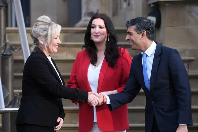 <p>Sinn Fein first minister Michelle O’Neill shakes hands with Rishi Sunak </p>