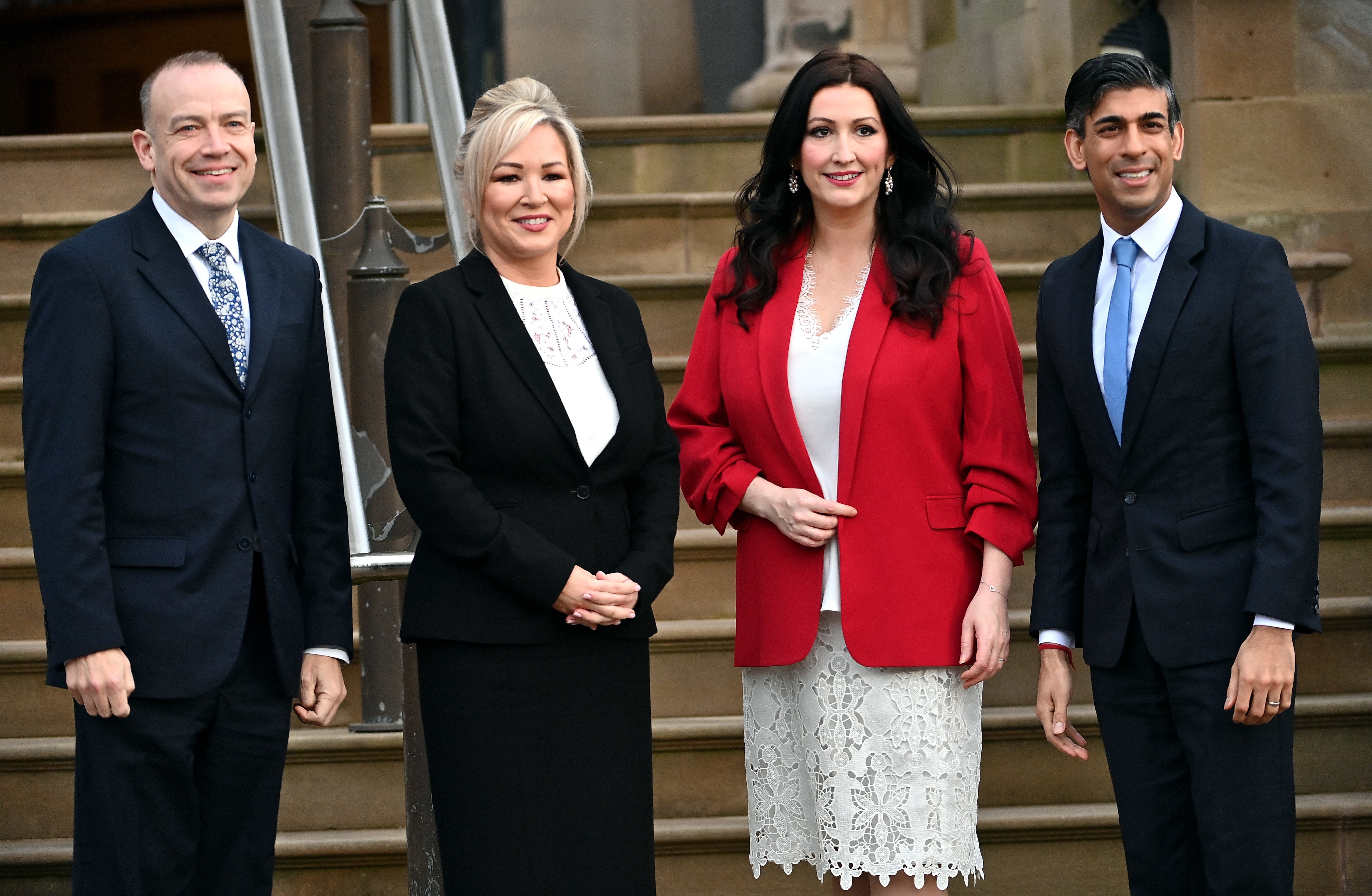 NI secretary Chris Heaton-Harris, first minister Michelle O’Neill, deputy first minister Emma Little-Pengelly and Rishi Sunak at Stormont Castle