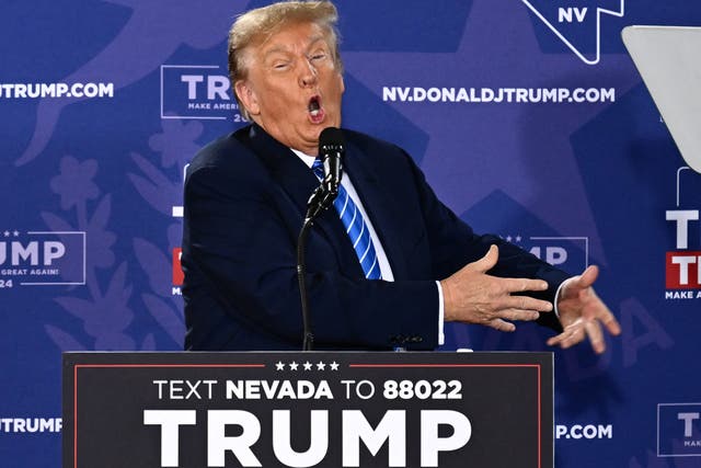 <p>Former US President and 2024 presidential hopeful Donald Trump speaks at a Commit to Caucus Rally in Las Vegas</p>