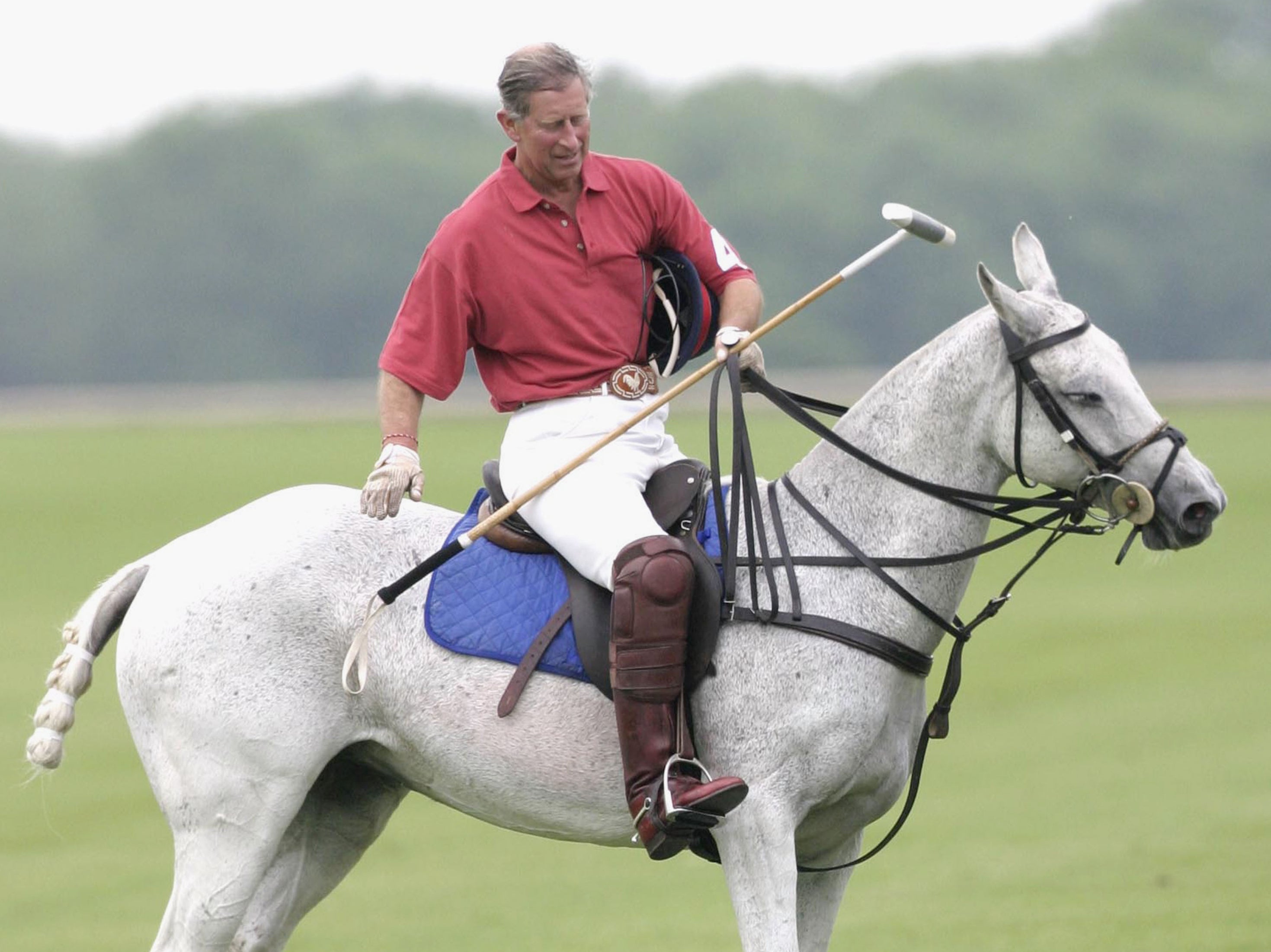 His royal highess Prince Charles, The Prince of Wales pats his horse at the end of the Chakravarty polo cup match on 7 June 2003 in Tetbury, England at Beufort polo grounds.