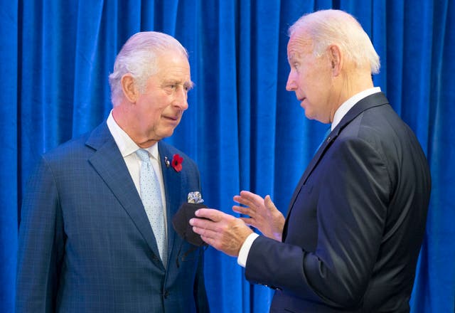 <p>FILE - Britain's Prince Charles, left, greets President of the United States Joe Biden ahead of their bilateral meeting during the Cop26 summit at the Scottish Event Campus (SEC) in Glasgow, Scotland, 2 November 2021.  (Jane Barlow/Pool Photo via AP, File)</p>