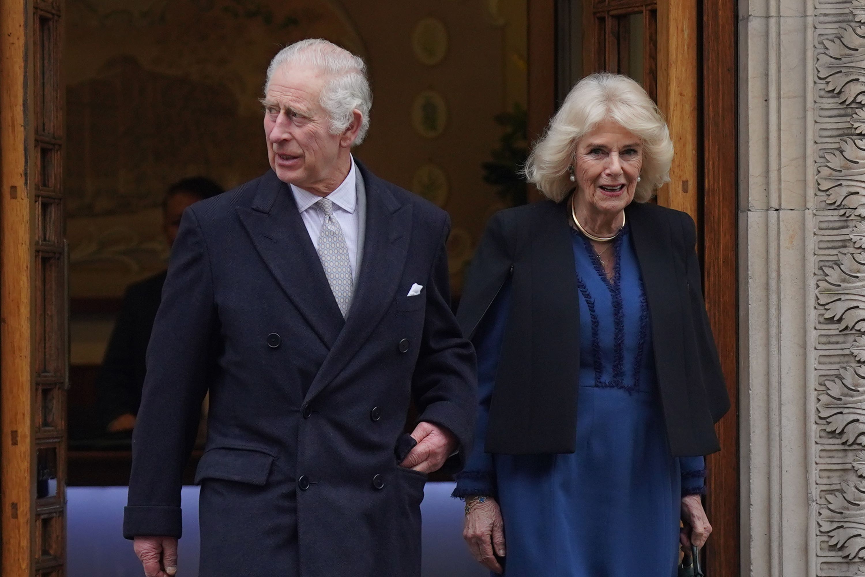 Camilla accompanying Charles as he leaves the London Clinic after undergoing treatment for an enlarged prostate (Lucy North/PA)