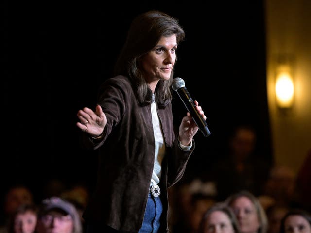 <p>Nikki Haley speaks at a campaign event in Spartanburg, South Carolina, 5 February 2024</p>