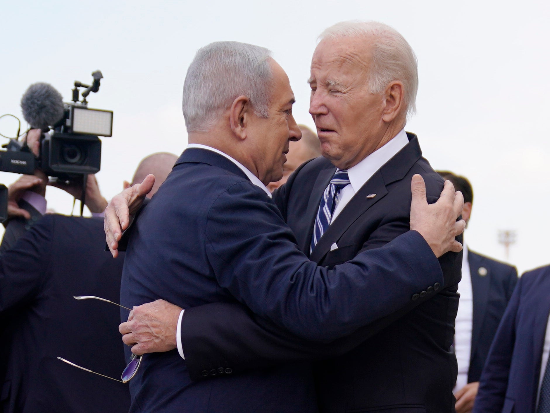 Israeli prime minister Benjamin Netanyahu greets US president in Tel Aviv, October 2023
