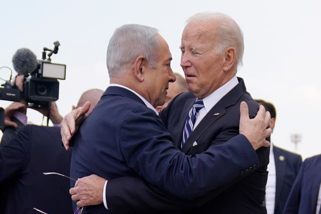 <p>Israeli prime minister Benjamin Netanyahu greets US president in Tel Aviv, October 2023</p>