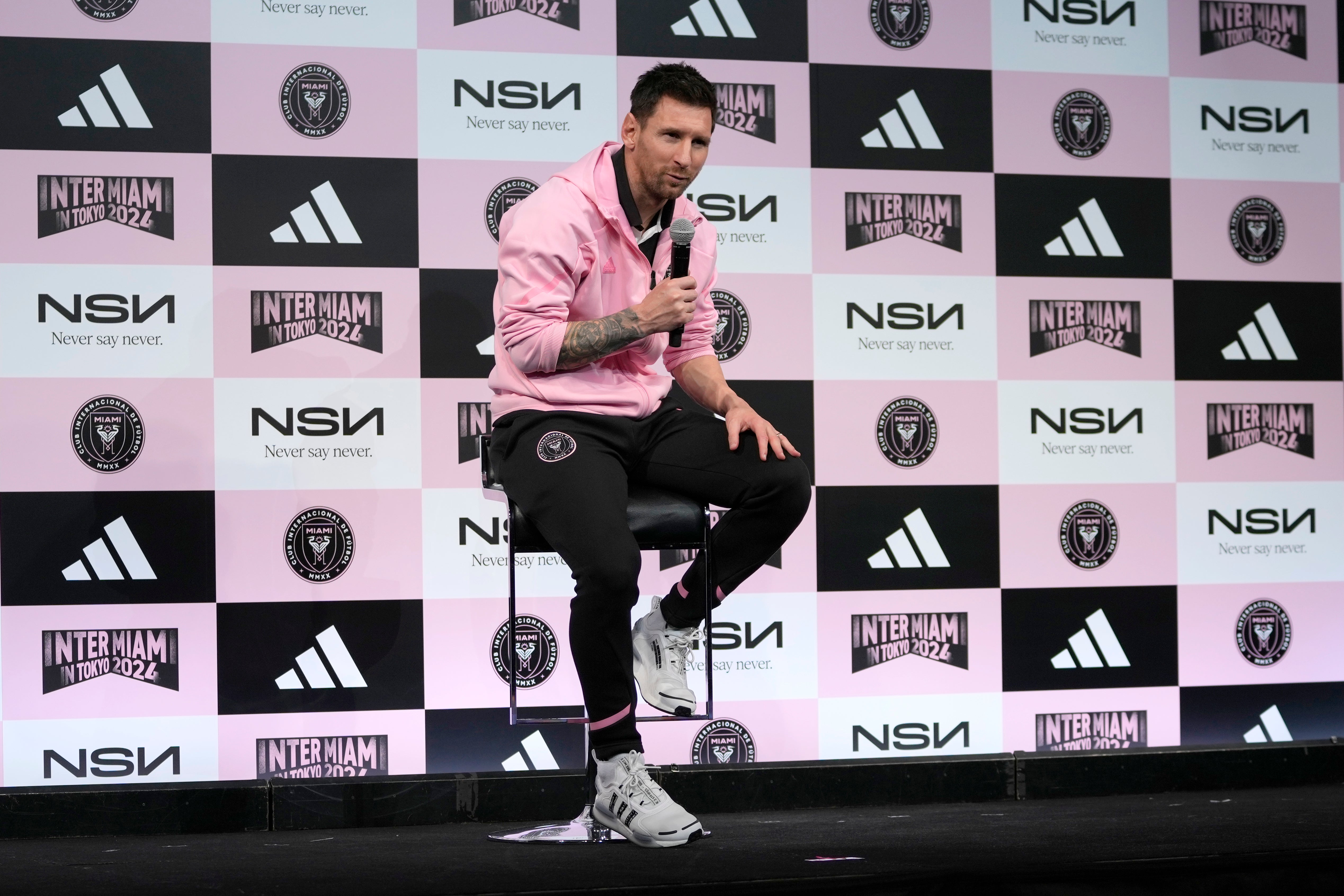 File: Inter Miami's Lionel Messi speaks during a press conference at a hotel, ahead of his team's friendly soccer match