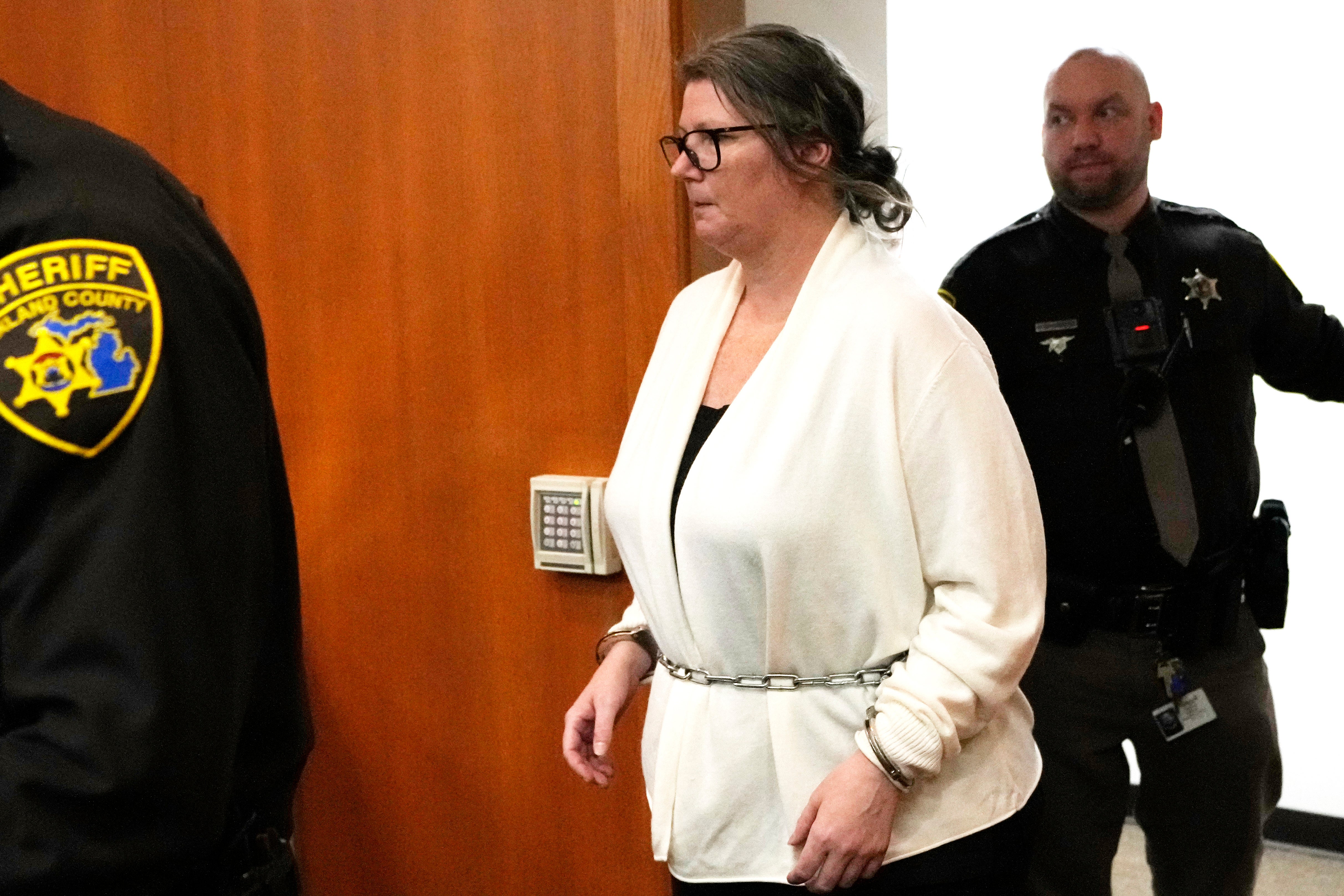 Jennifer Crumbley arrives in court, Monday, Feb. 5, 2024 in Pontiac, Mich. The jury received instructions from a judge and begin deliberations in an unusual trial against a school shooter's mother. The deliberations which began Monday could send Crumbley to prison if she is convicted of contributing to the deaths of four students in 2021.