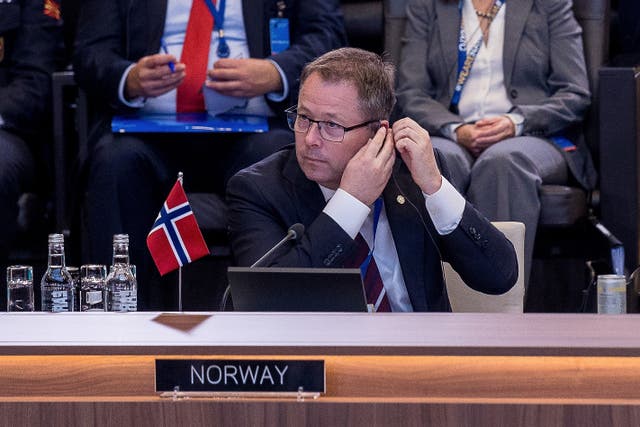 <p>File: Norwegian defence minister Bjørn Arild Gram prepares for the start of the North Atlantic Council meeting of defence ministers in Brussels</p>