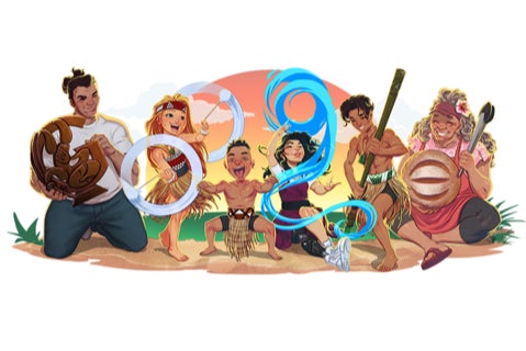 The art depicts people dancing at a kapa haka festival