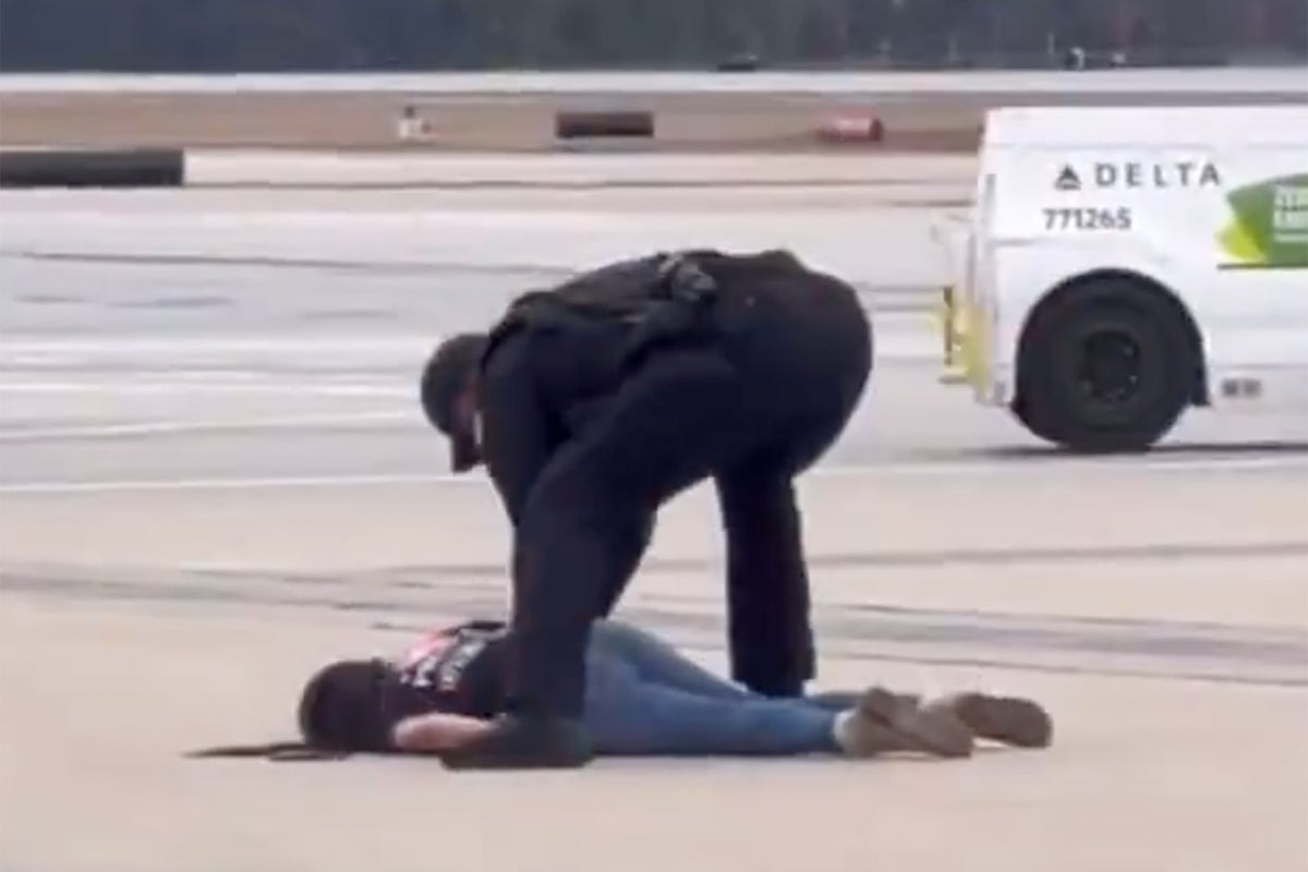 Woman shoved to the ground by police as she dashed along airport tarmac – before spitting and stripping off
