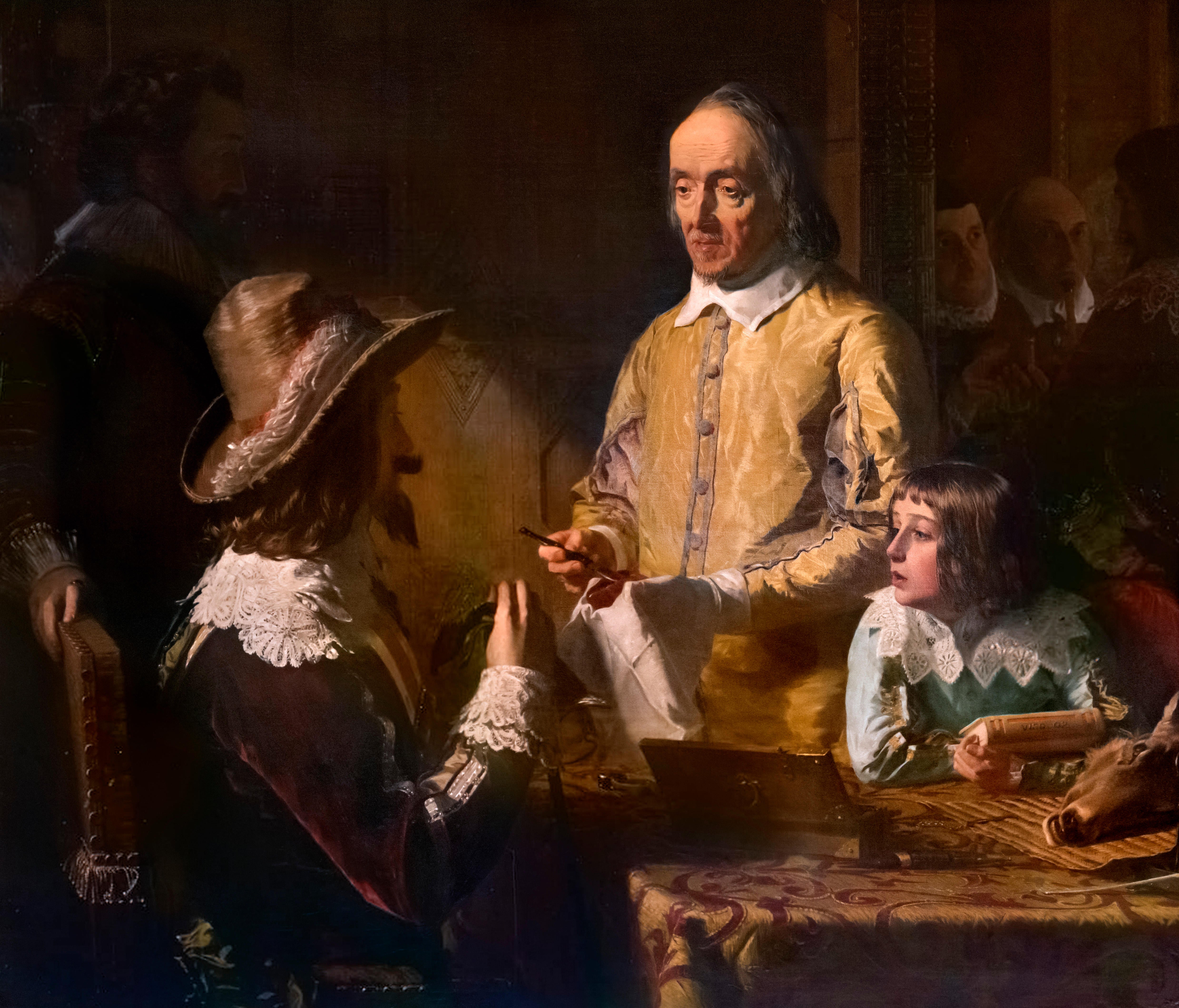 A painting by Robert Hannah depicting physician William Harvey demonstrating his theory of blood circulation to King Charles I