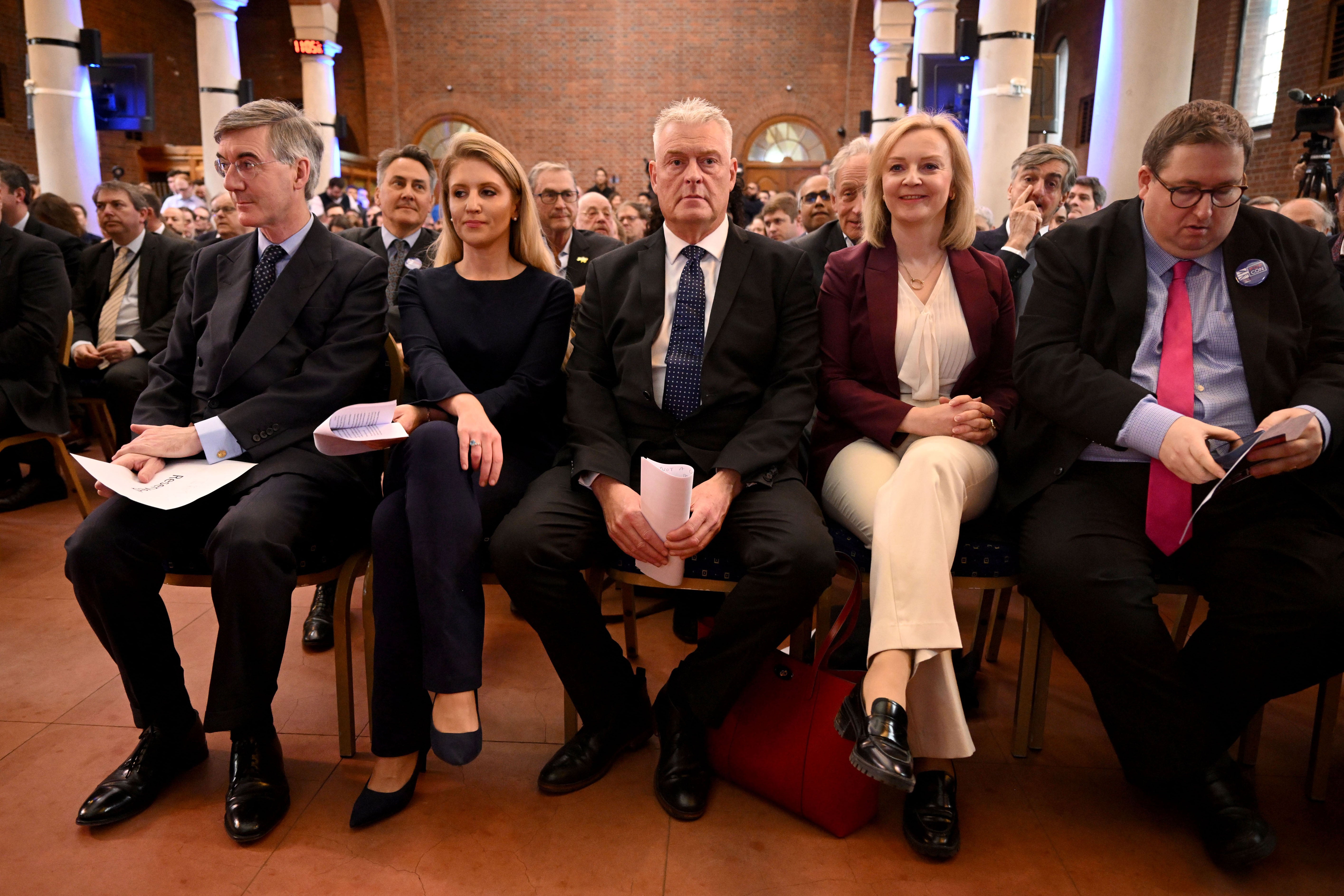 Gang busters: Jacob Rees-Mogg, Mhairi Fraser, Lee Anderson, former prime minister Liz Truss and her adviser Jonathan Isaby, at launch of Popular Conservatism