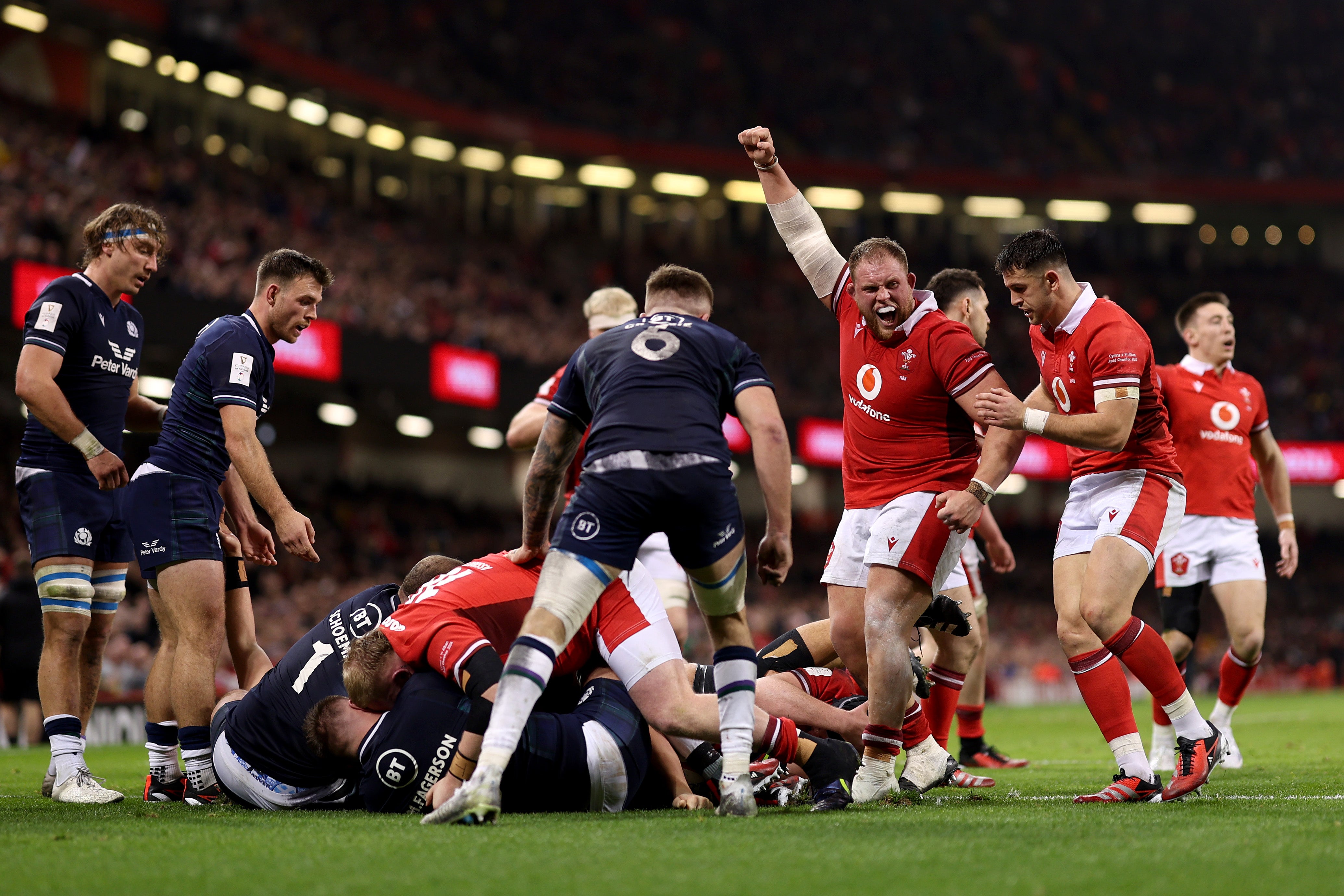 James Botham burrowed over for Wales’s first try against Scotland