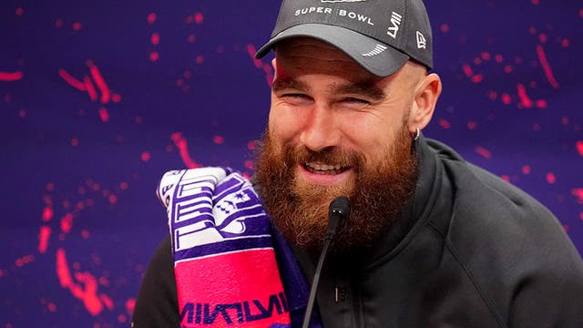 <p>Travis Kelce at Super Bowl LVIII Opening Night press conference.</p>