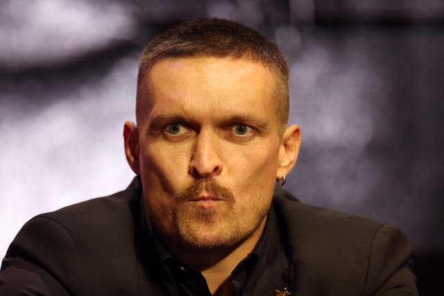 <p>Oleksandr Usyk at the press conference for his postponed fight with Tyson Fury</p>