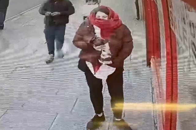 <p>CCTV footage was shown in court of Constance Marten holding baby Victoria under her coat outside Special Connection in East Ham, London</p>