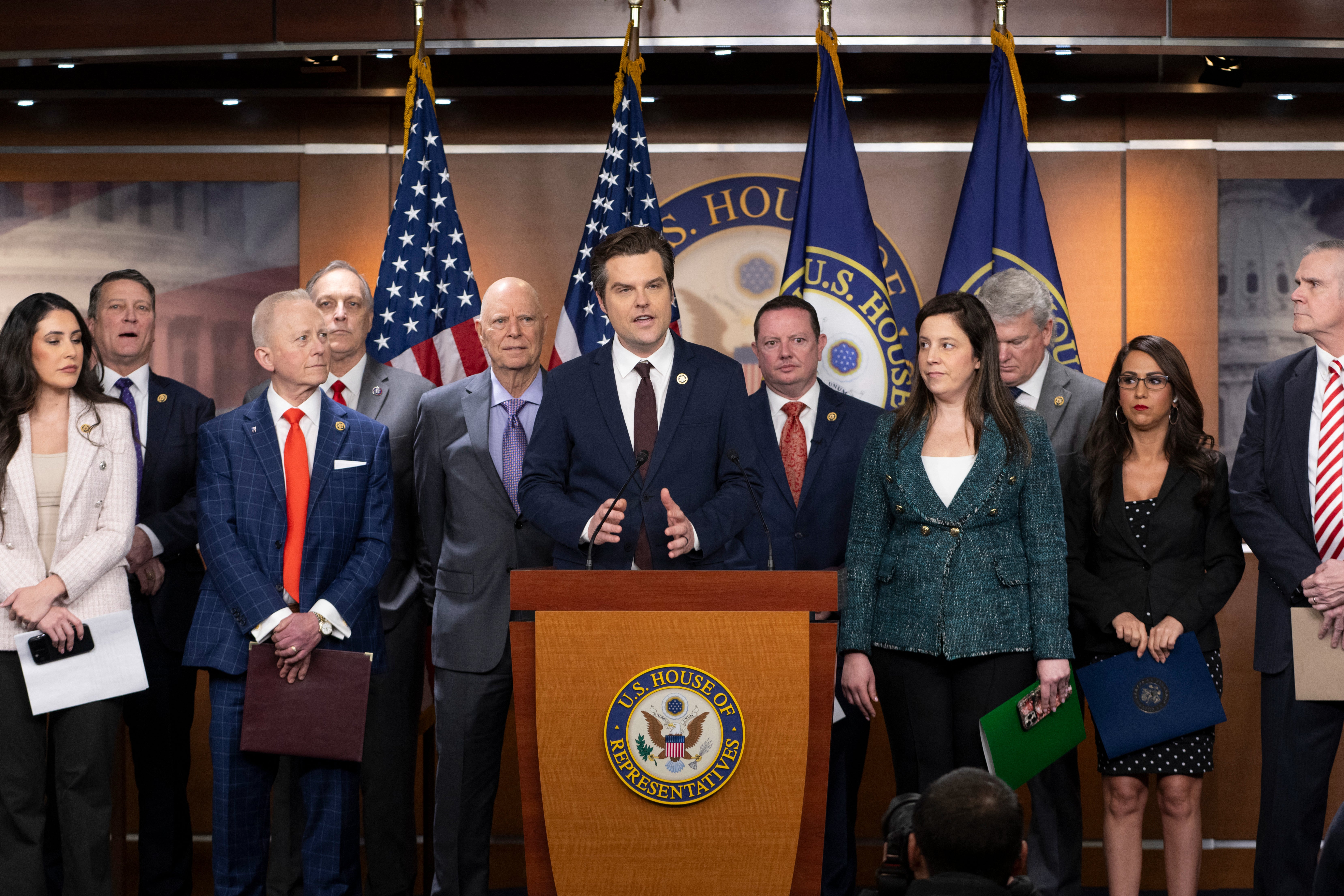 <p>US Representative Matt Gaetz, Republican of Florida, holds a press conference to discuss the introduction of a resolution stating former 'President Donald J. Trump did not engage in insurrection or rebellion against the United States, or give aid or comfort to the enemies thereof.' on Capitol Hill in Washington, DC, on February 6, 2024.</p>
