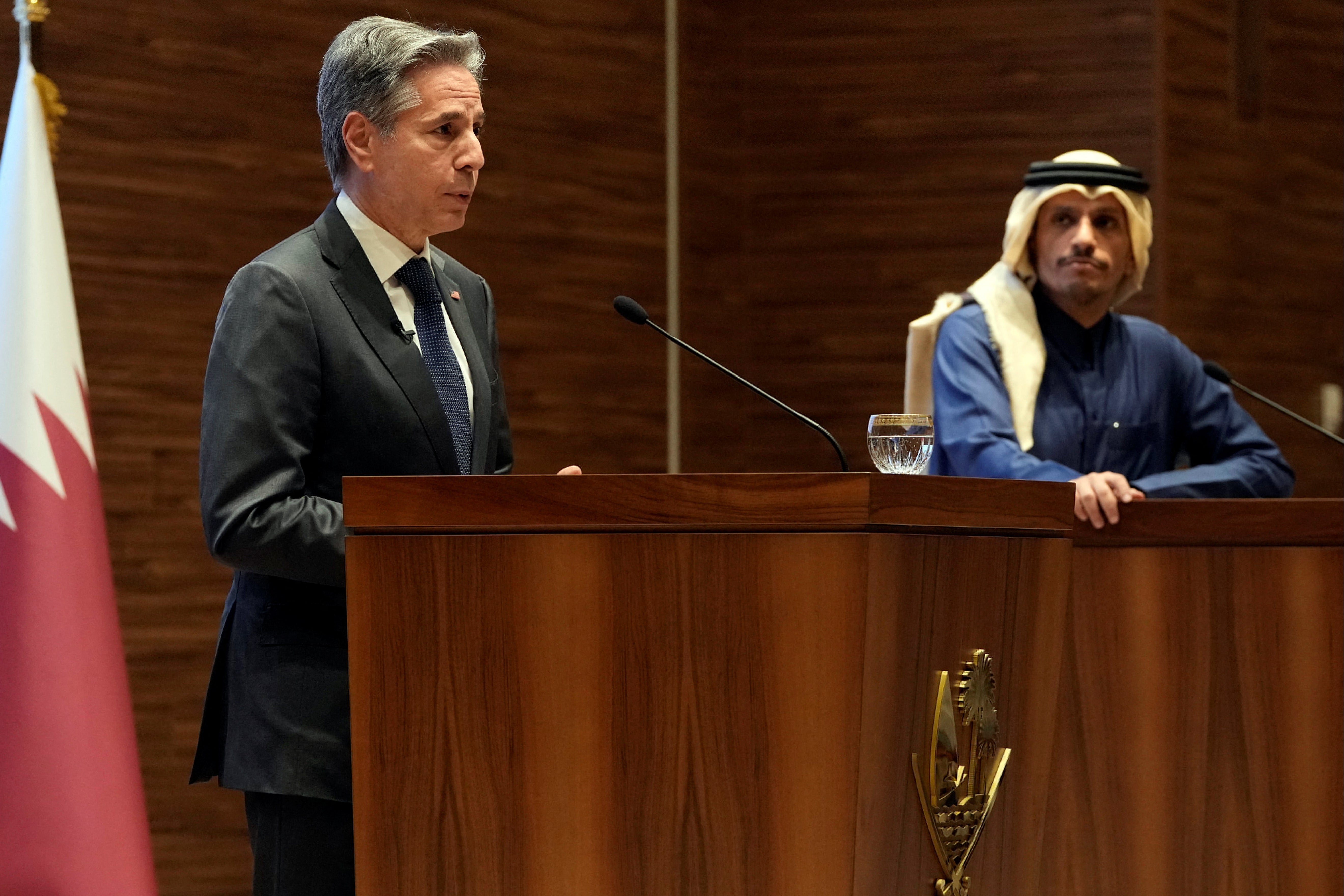 US Secretary of State Antony Blinken, left, attends a joint press conference with Qatar’s Prime Minister Sheikh Mohammed bin Abdulrahman Al Thani