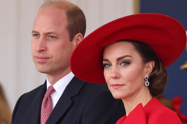<p>Britain's Prince William, left, and Kate, Princess of Wales, attend a ceremonial welcome</p>