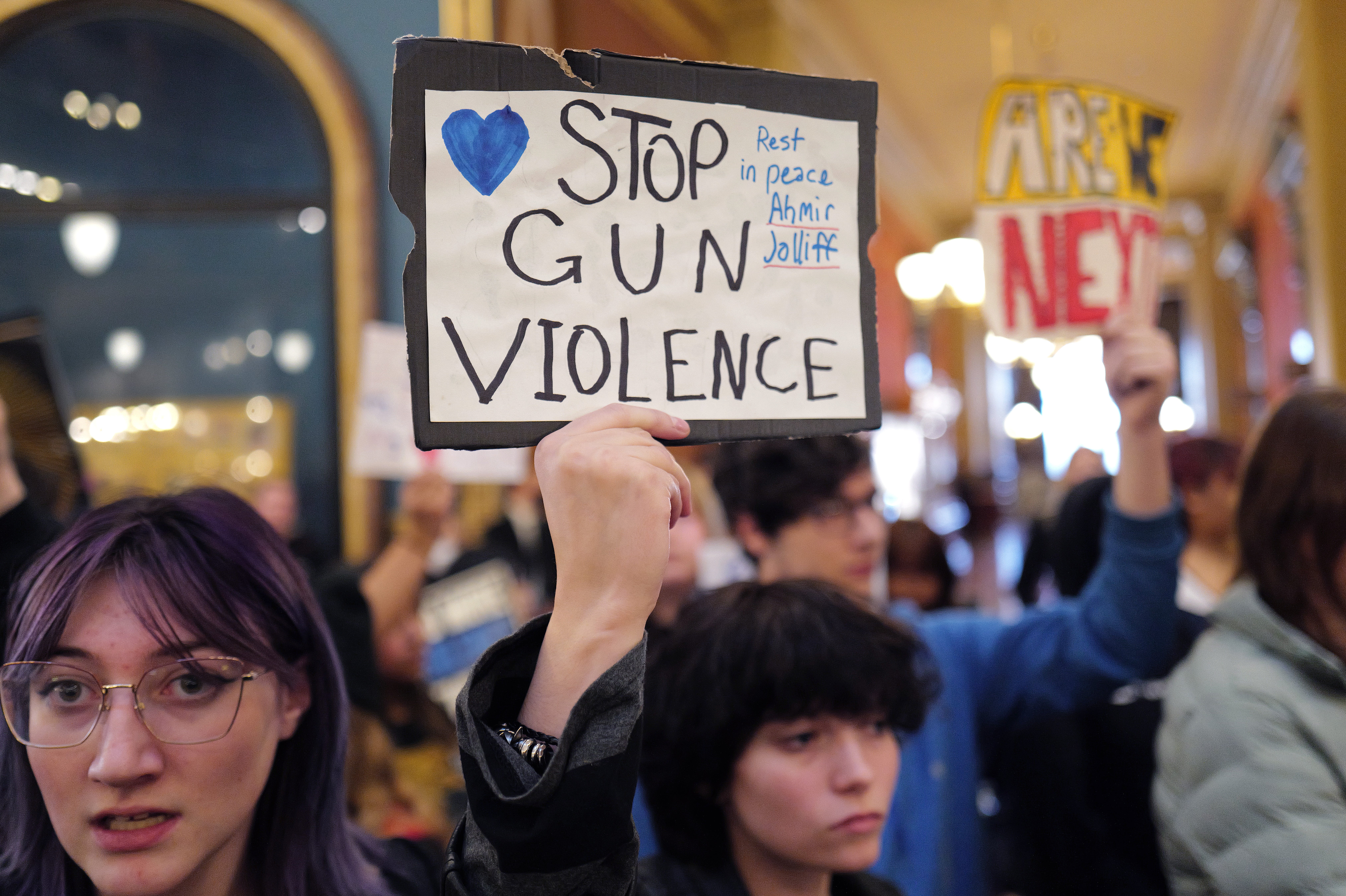 <p>Students demonstrate for stricter gun control legislation as part of a March for Our Lives rally at the Iowa state capitol building on 8 January 2024</p>