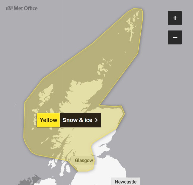 <p>Areas under yellow weather warning for snow and ice </p>