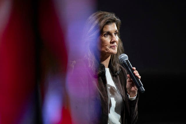<p>US Republican presidential hopeful and former UN Ambassador Nikki Haley speaks at a rally in South Carolina</p>