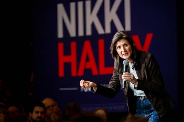 <p>Republican presidential candidate, former UN ambassador Nikki Haley, speaks during a campaign rally at the Indigo Hall and Events venue on 5 February 2024 in Spartanburg, South Carolina</p>