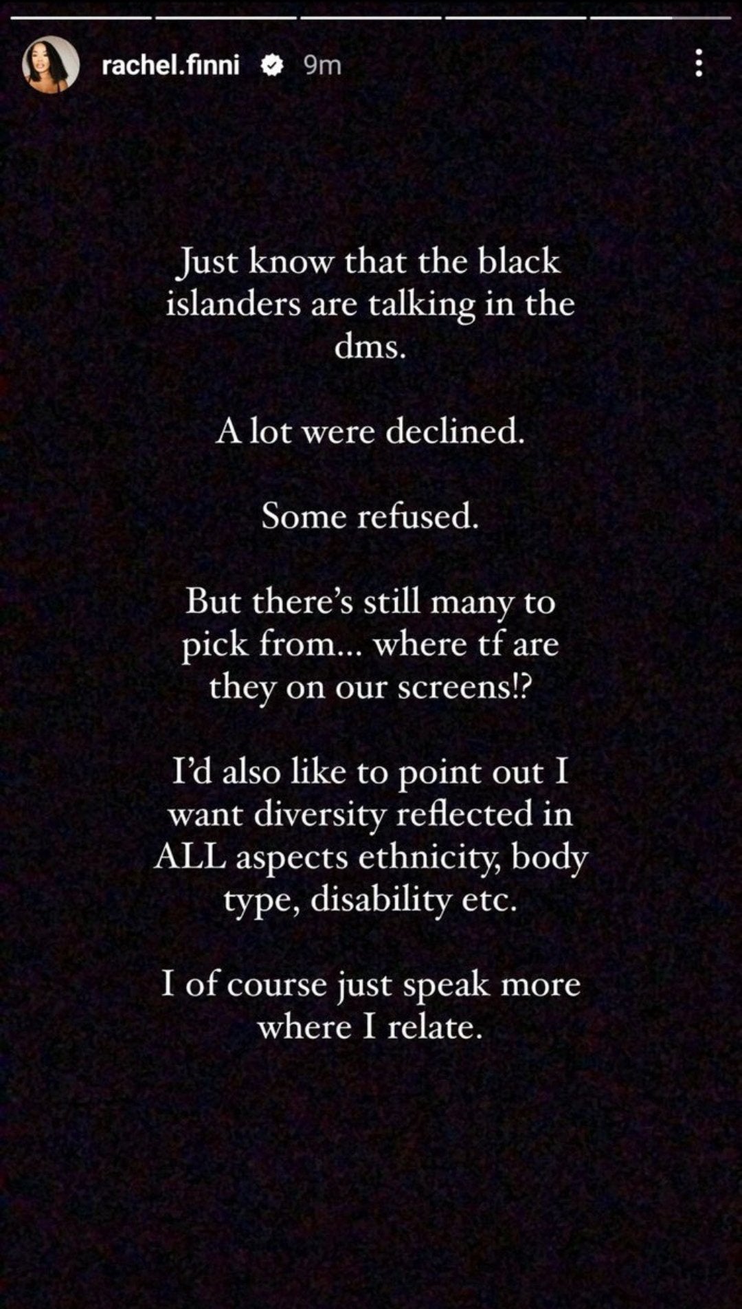 Former Islander Rachel Finni posted a message on Instagram within minutes of the dumping