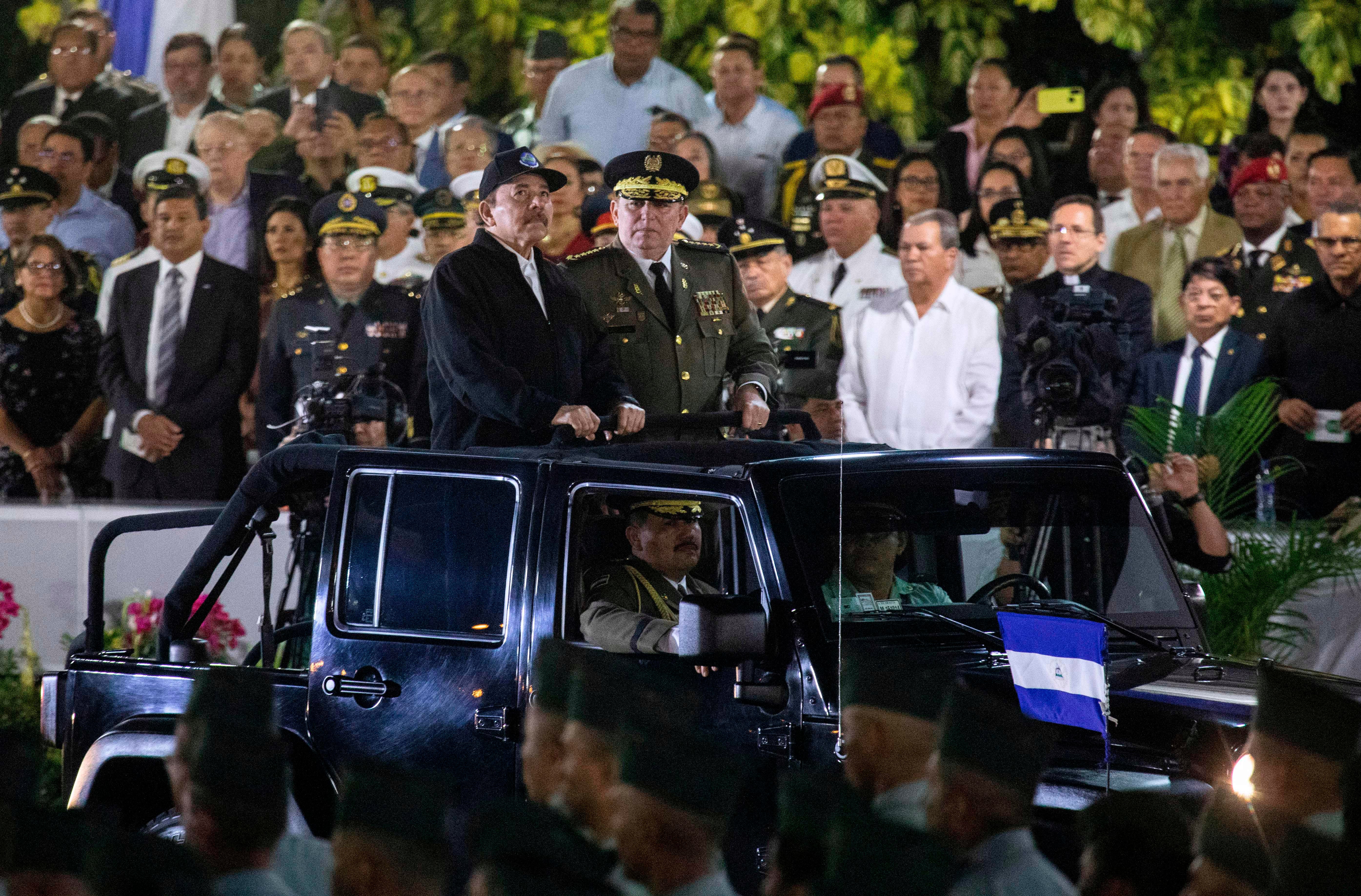Ortega (left) and commander in chief of the Nicaraguan Army Julio Aviles during a ceremony in 2020
