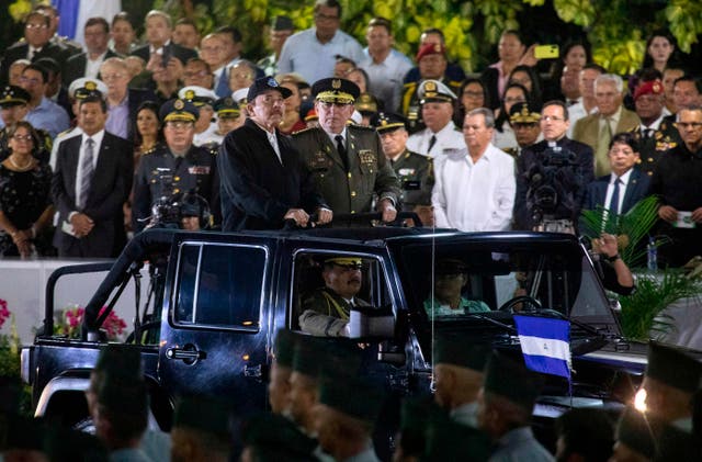 <p>Ortega (left) and commander in chief of the Nicaraguan Army Julio Aviles during a ceremony in 2020 </p>