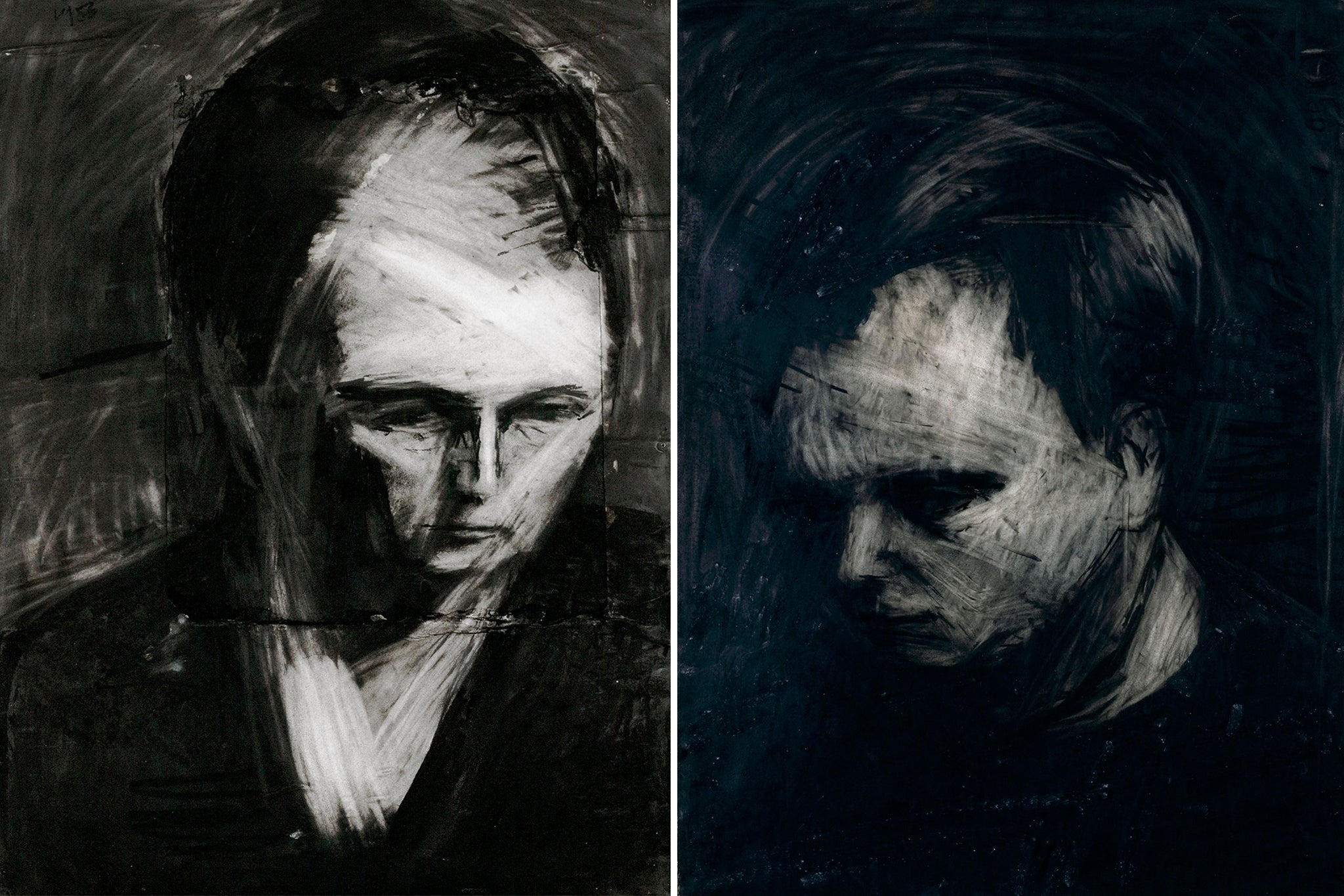 Head of EOW, 1956 charcoal (left) and Head of Leon Kossoff, 1956-57, charcoal and chalk on paper.