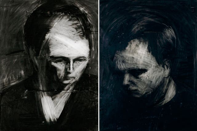<p>Head of EOW, 1956 charcoal (left) and Head of Leon Kossoff, 1956-57, charcoal and chalk on paper.</p>