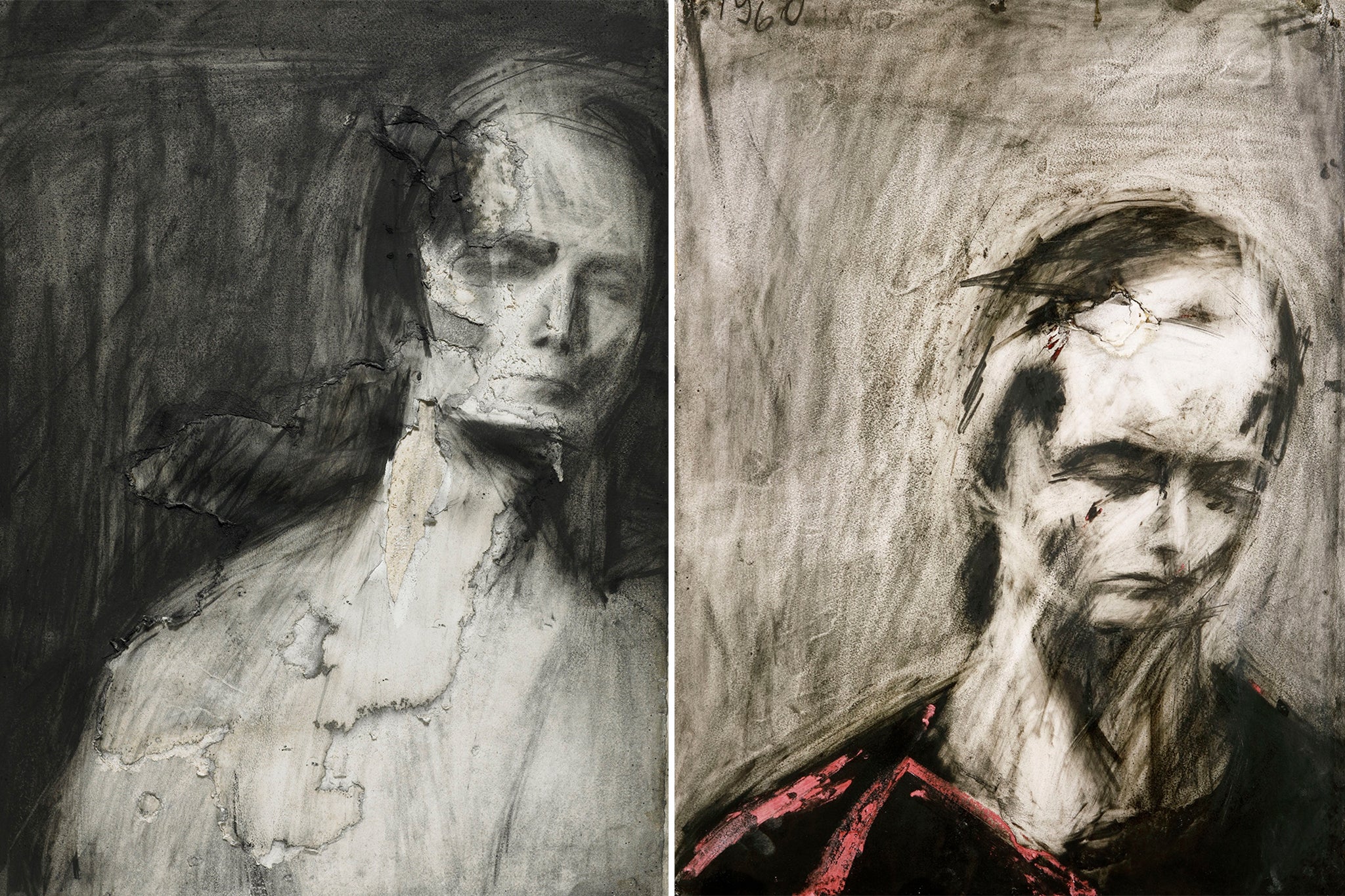 Head of EOW, 1960 and Head of Julia II, 1960, charcoal and chalk on paper