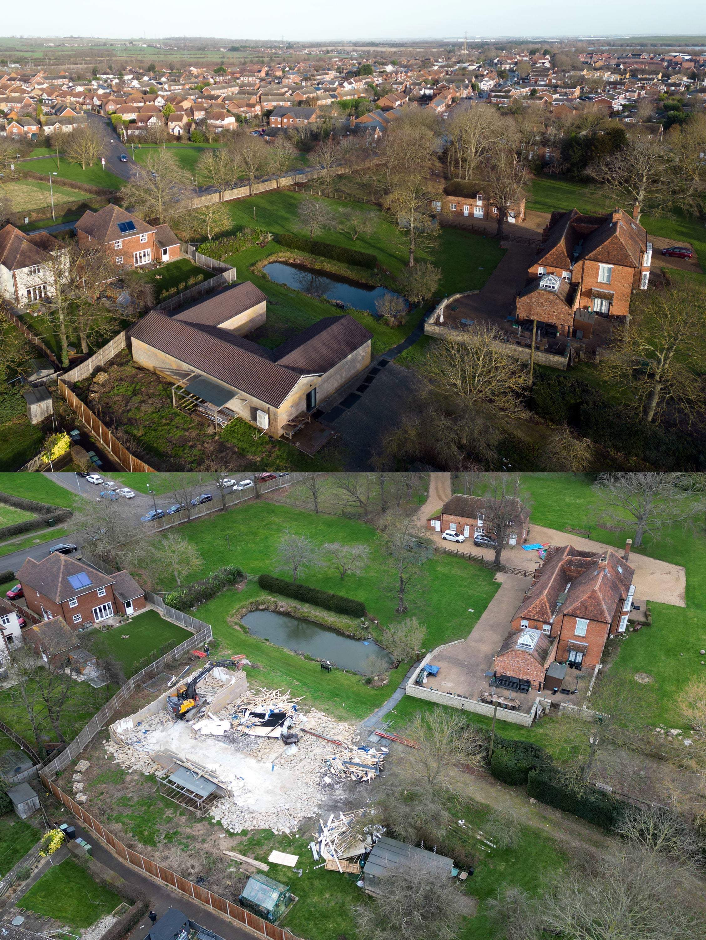 Before and after the demolition of an unauthorised spa pool block at the home of Hannah Ingram-Moore, the daughter of the late Captain Sir Tom Moore