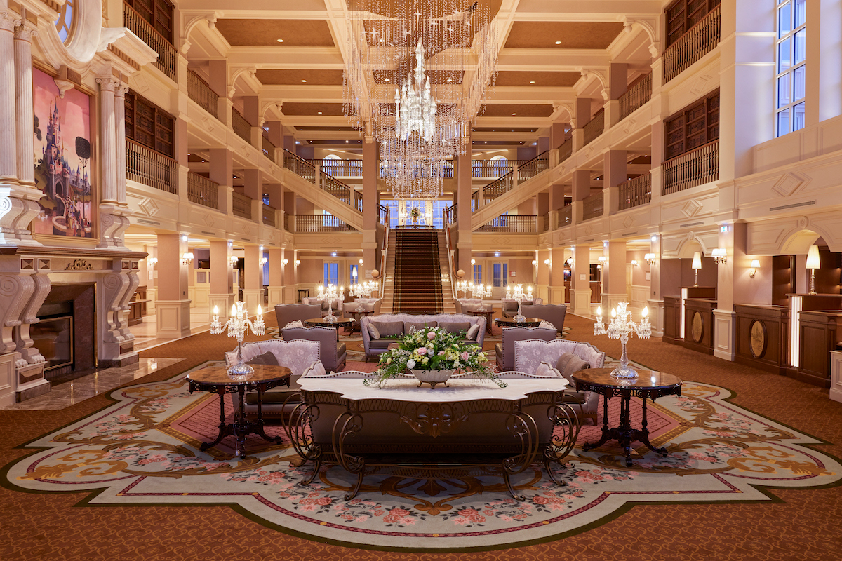 A chandelier made of Bohemian crystal represents the Sleeping Beauty castle in the grand lobby