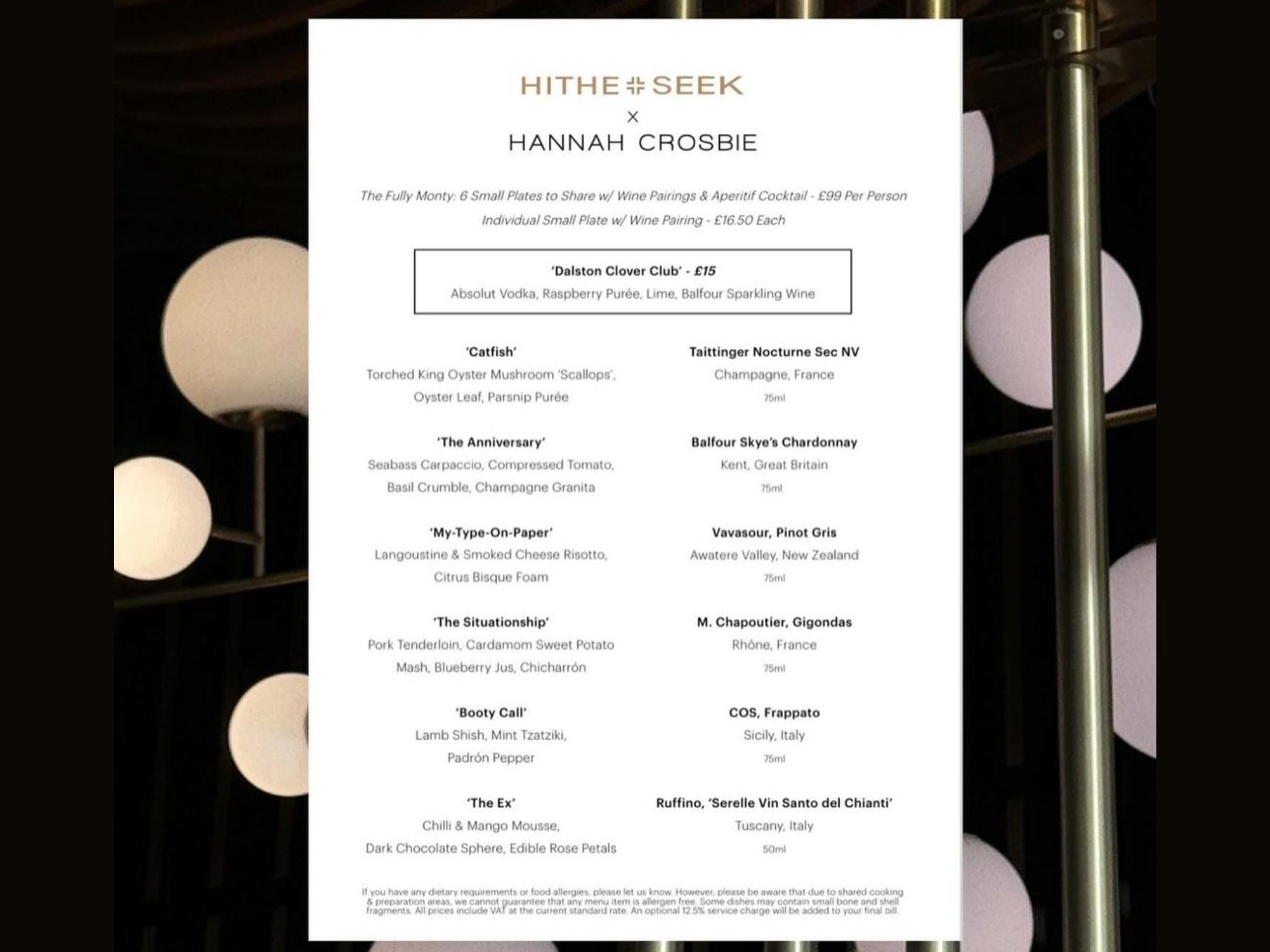 Hithe + Seek x Hannah Crosbie menu