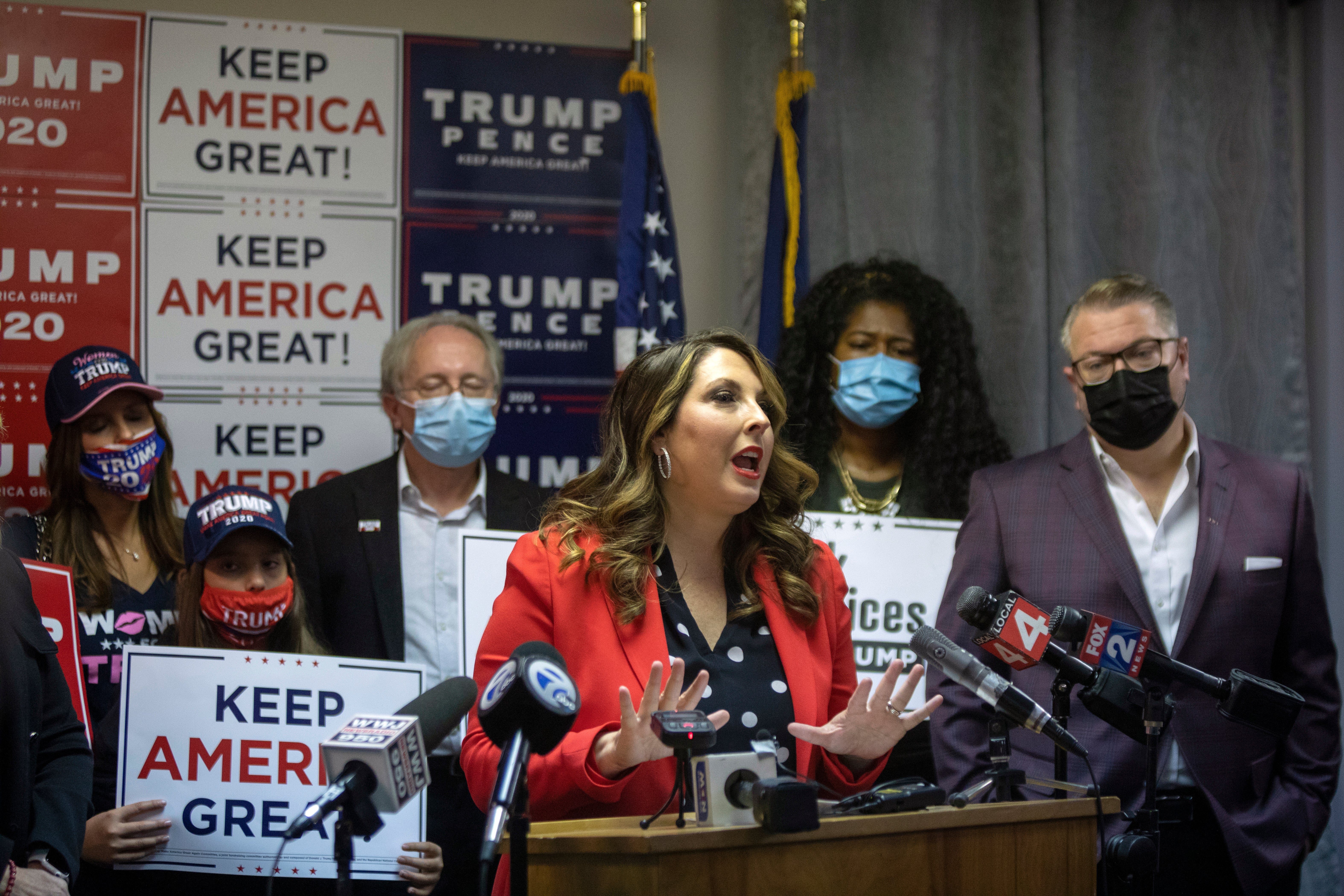 McDaniel speaks during a press conference in Bloomfield Hills, Michigan in 2020