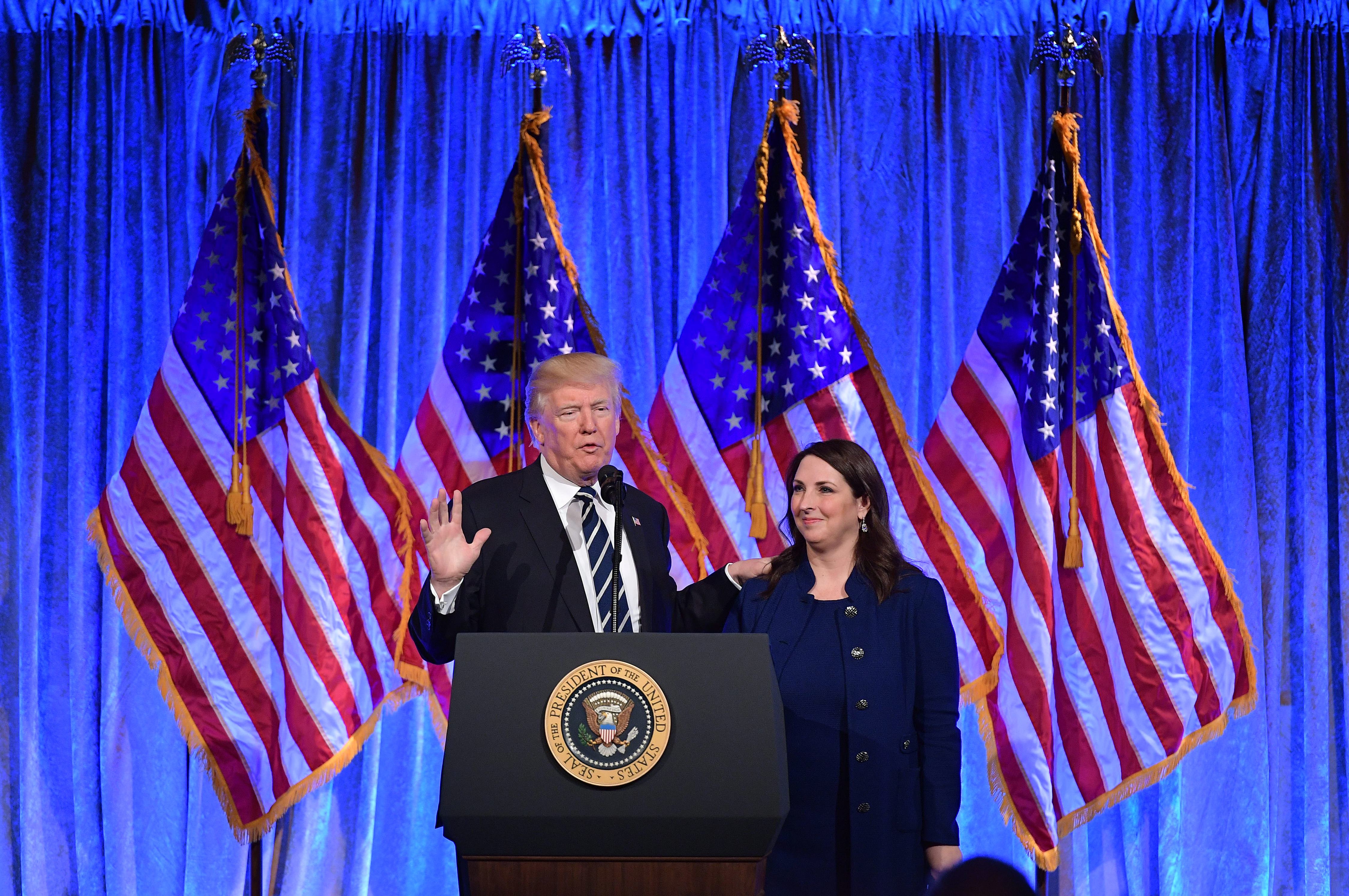 Donald Trump and Ronna McDaniel at a 2017 rally