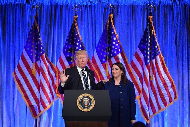 <p>Donald Trump and Ronna McDaniel at a fundraising event in New York City in 2017</p>
