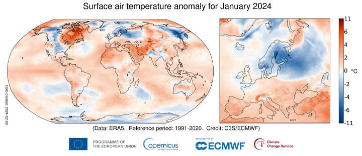 Map shows surface air temperatures for January with areas in pink and red showing temperature levels hotter than average