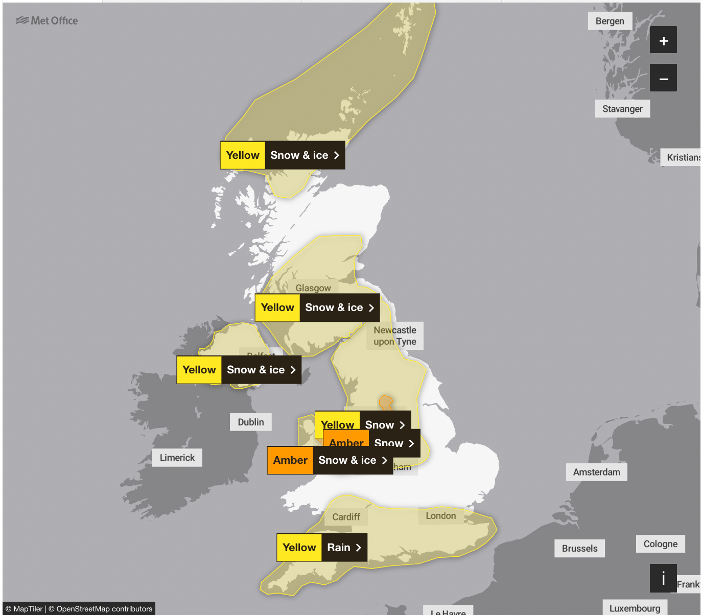 Two amber warnings for snow were issued on Thursday