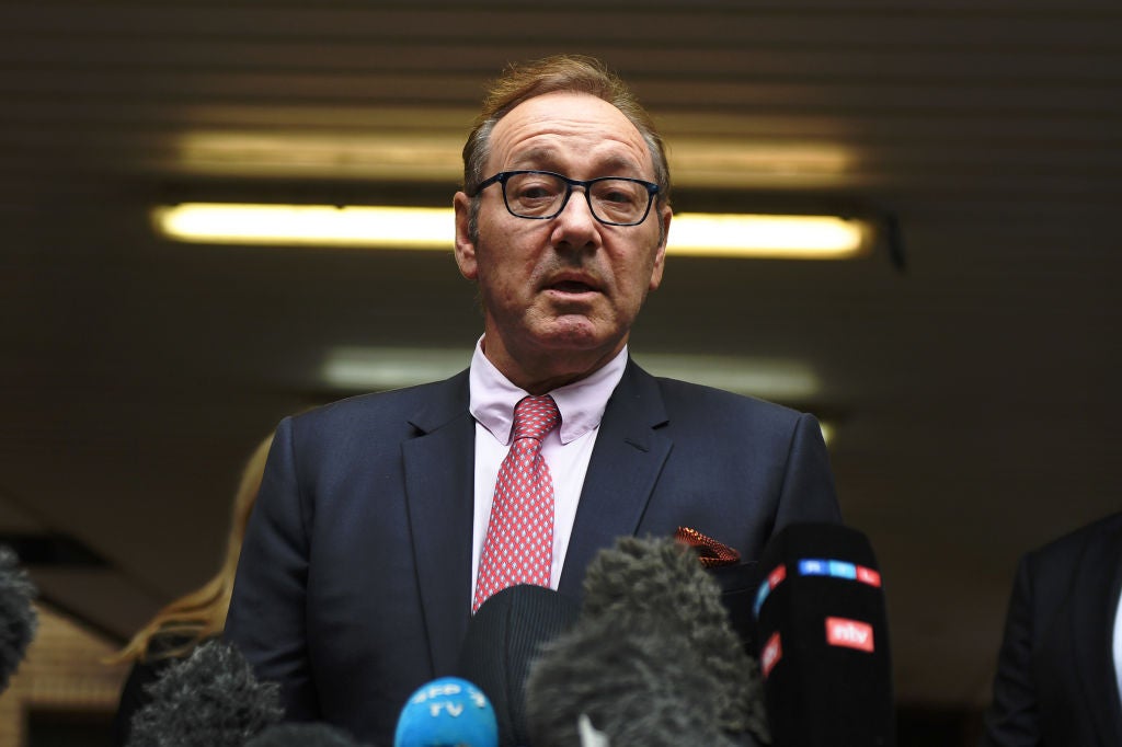 Kevin Spacey speaks to the press after leaving Southwark Crown Court, south London, on 26 July 2023