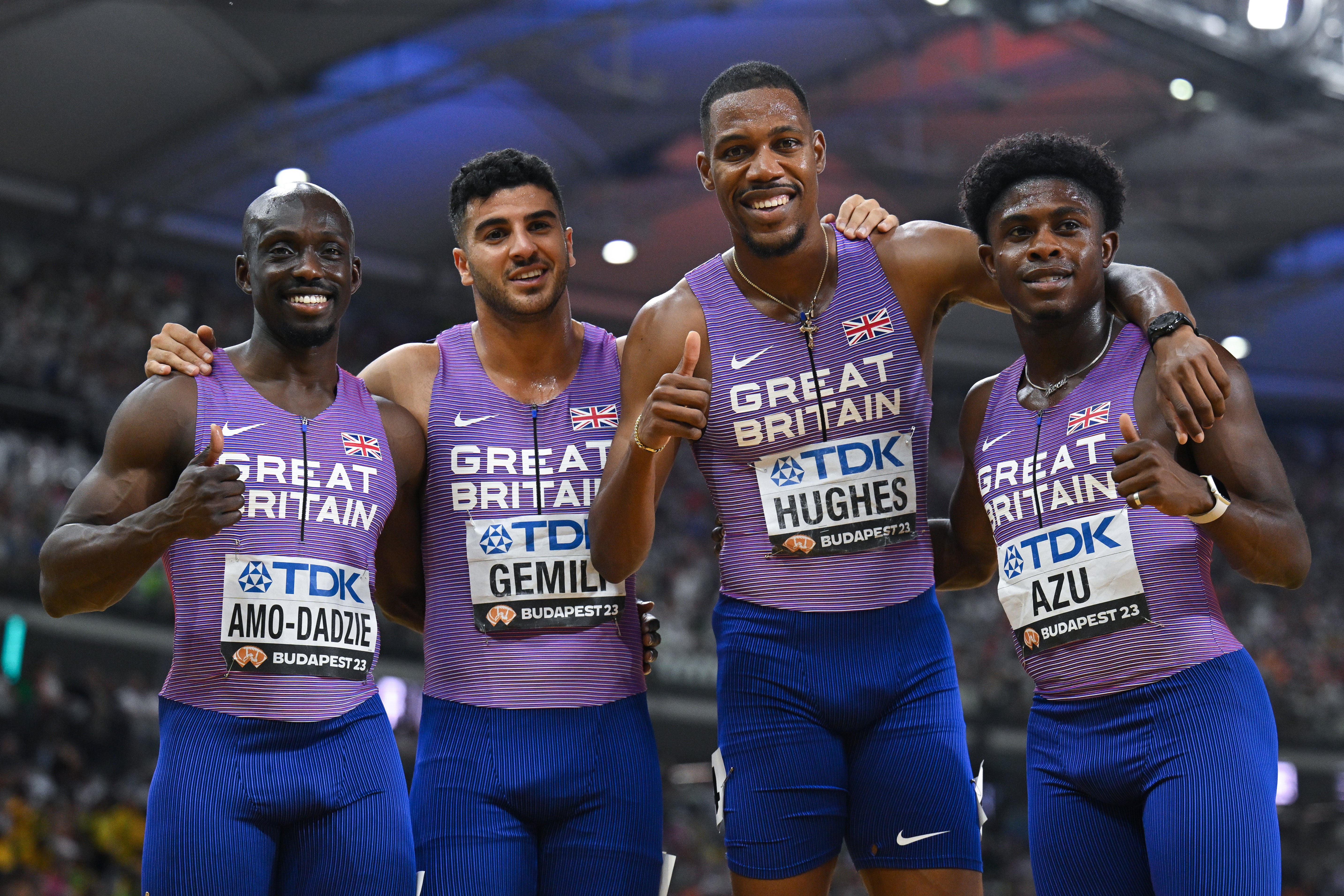 Eugene Amo-Dadzie, Adam Gemili, Zharnel Hughes, and Jeremiah Azu after the men’s 4x100m relay final in Budapest