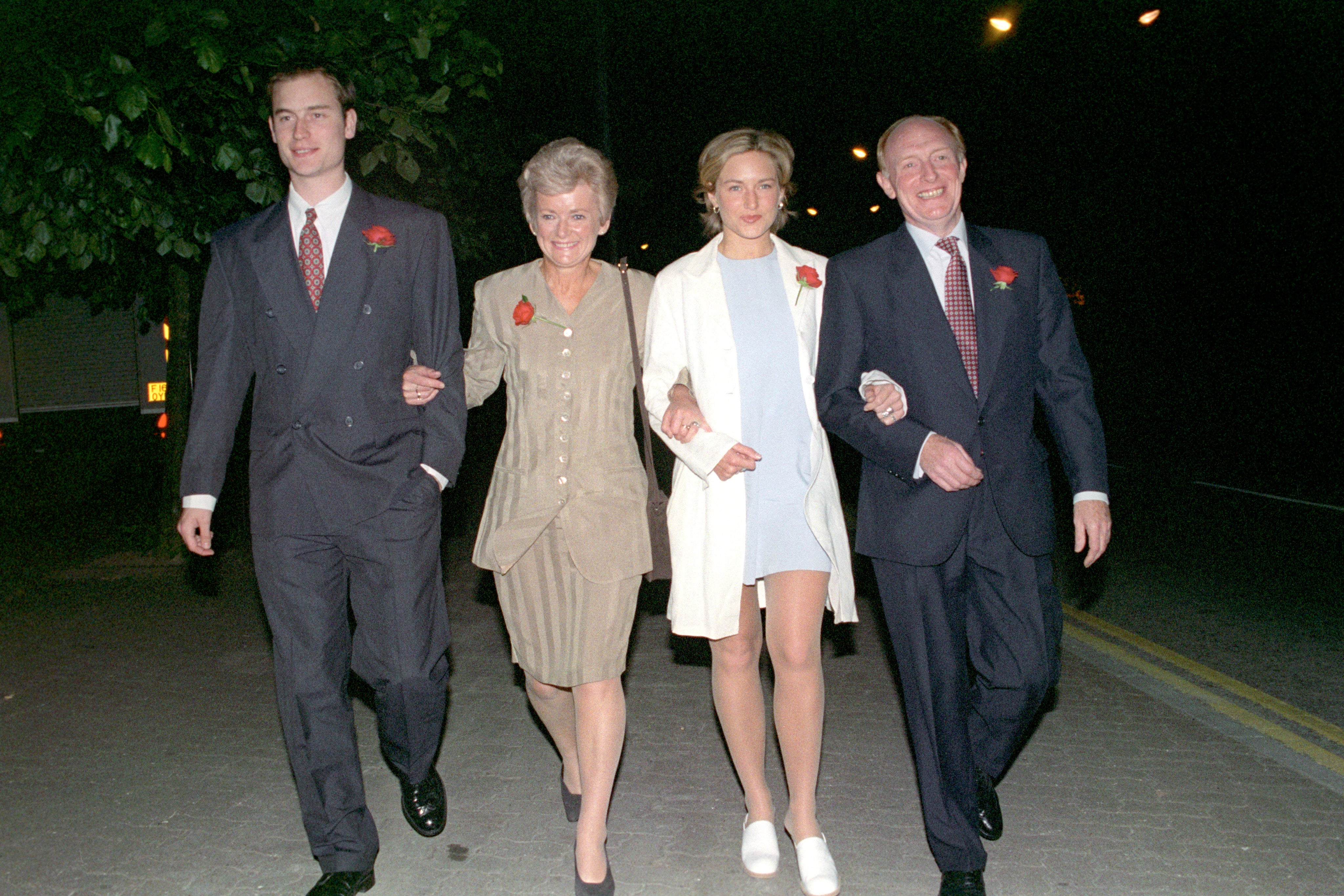 The Kinnocks arrive for a count during a European parliament election held in Newport, Gwent. She is flanked by Stephen, daughter Rachel and husband Neil