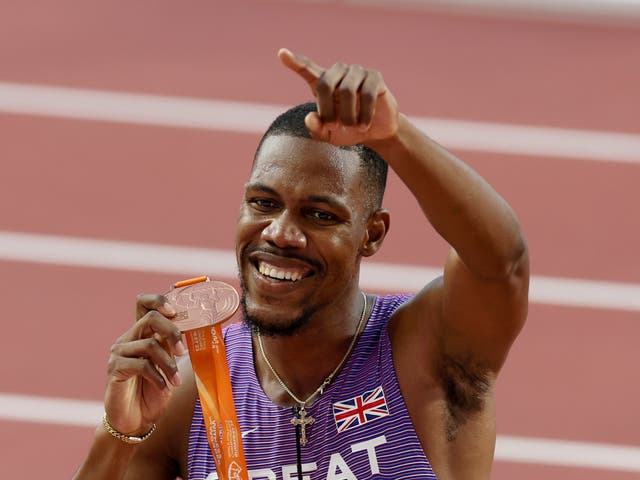 <p>Zharnel Hughes  winning bronze in the men’s 100m final during the World Athletics Championships in Budapest</p>