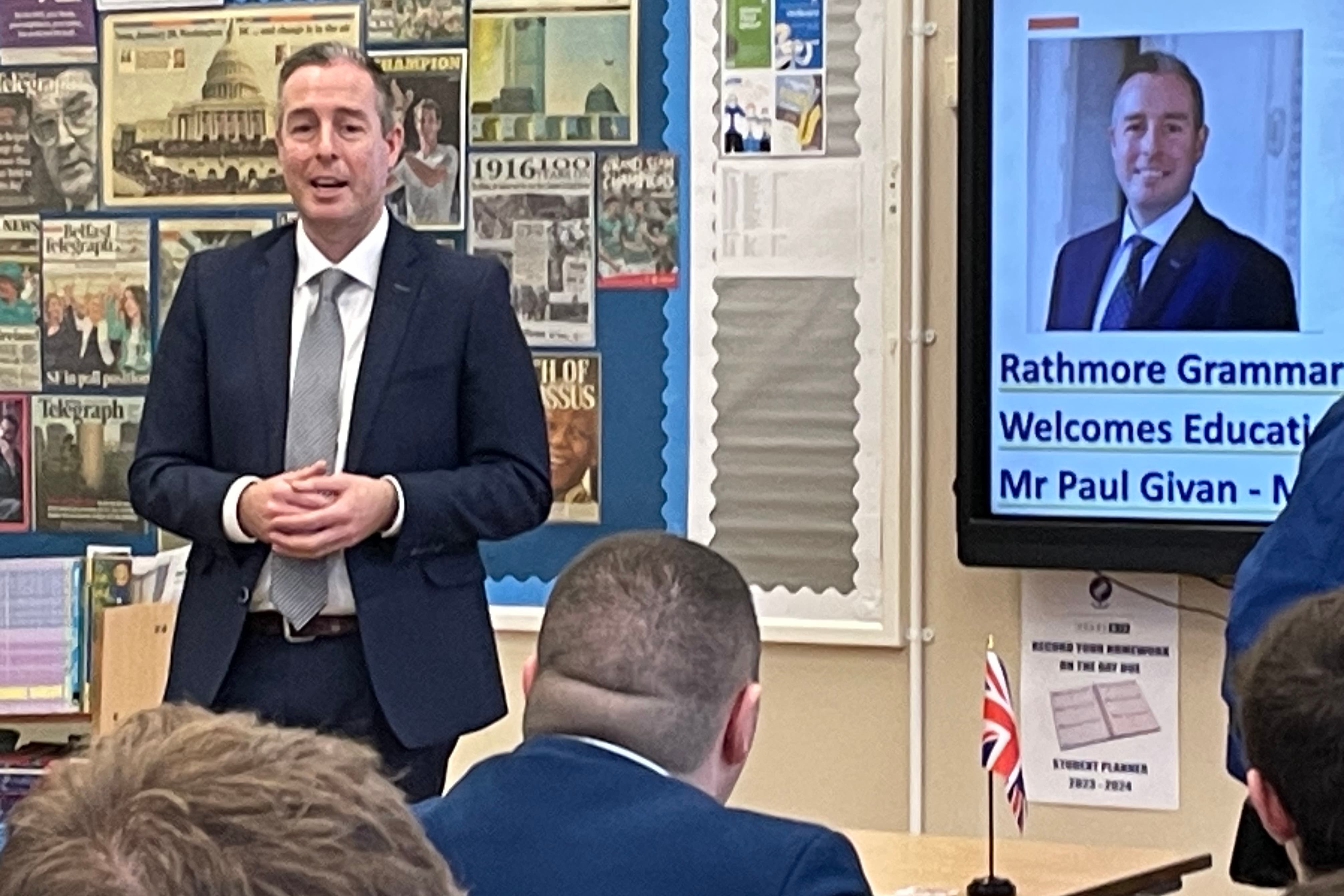Education Minister Paul Givan spoke to students at Rathmore Grammar in Belfast during his first official visit as minister (Rebecca Black/PA)