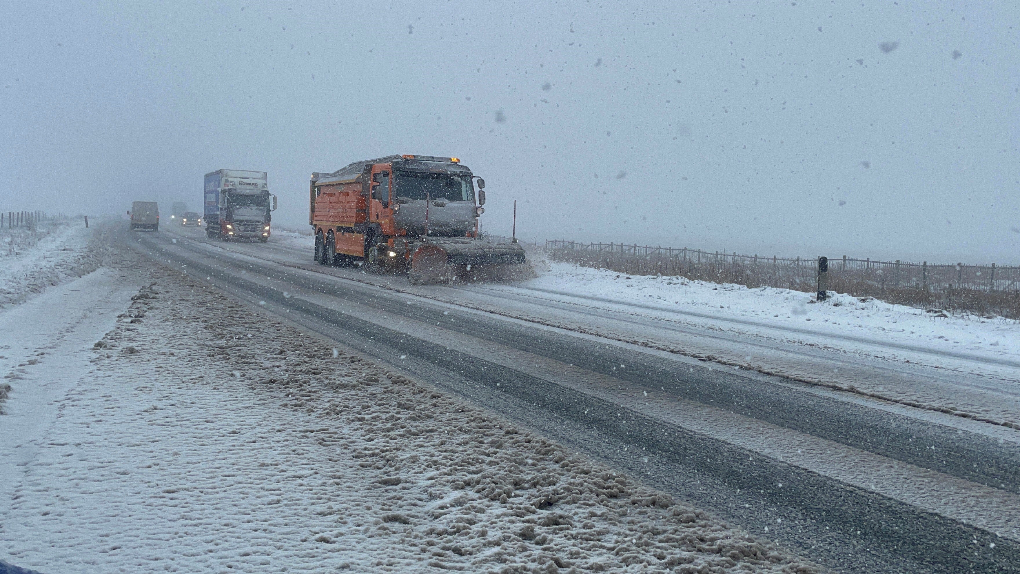 A snow plough on Woodhead Pass, near Dunford Bridge, South Yorkshire.