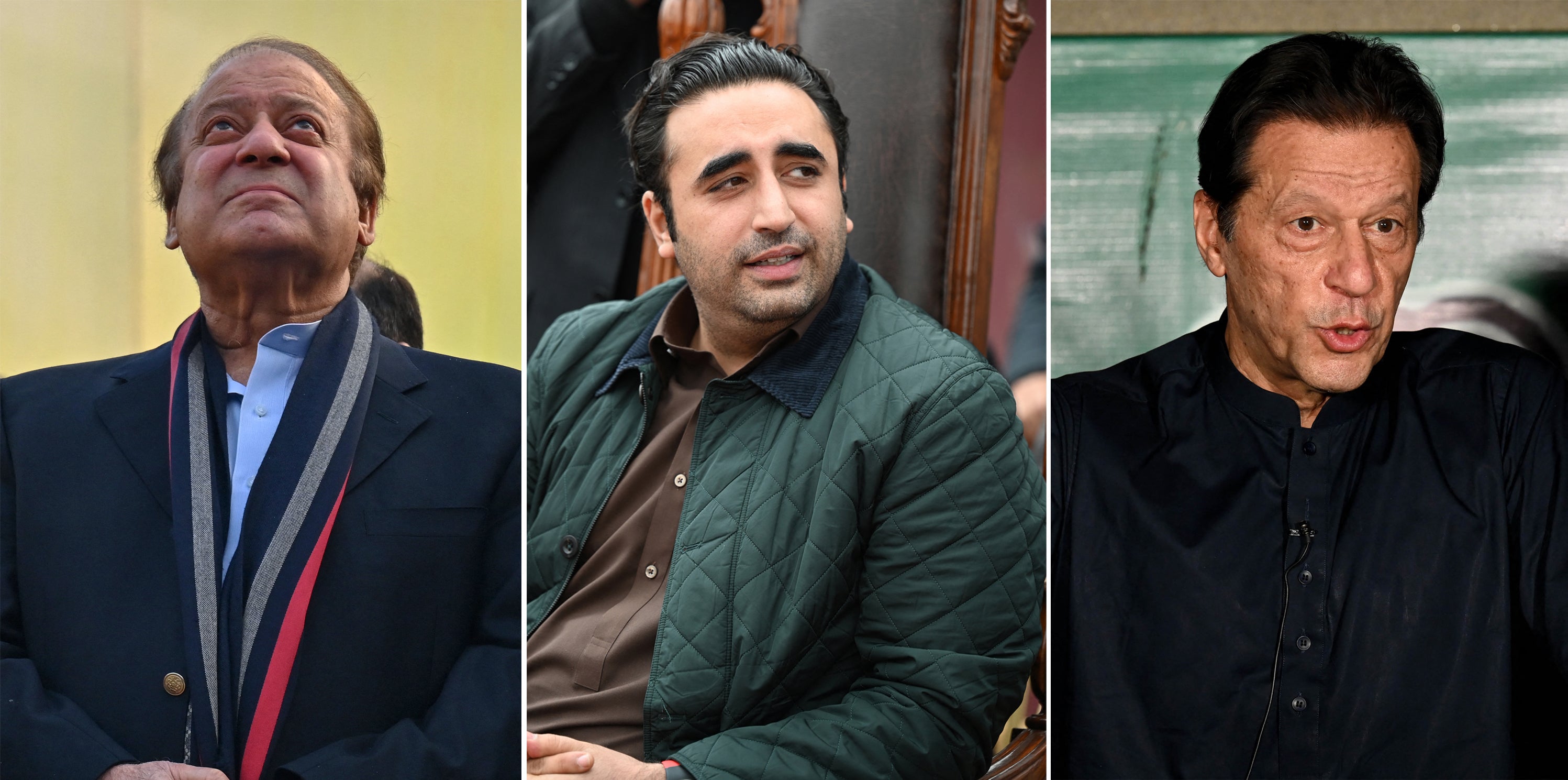 Pakistan's presidential candidates Nawaz Sharif (L) in Lahore on January 29, 2024, Bilawal Bhutto Zardari (C) in Batkhela on January 31, 2024 and jailed Imran Khan in Lahore